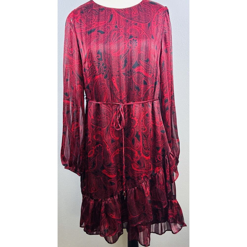 NWT Tommy Hilfiger Sz 8 Lined Asymetrical Ruffle Belt Zipper Blouson Sleeve Red - Picture 2 of 13